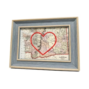 Carte du coeur de Washington | Cadeau de carte personnalisée | Cadeau d'anniversaire pour lui | Cadeau de mariage encadré | Carte vintage de Washington avec coeur brodé à la main