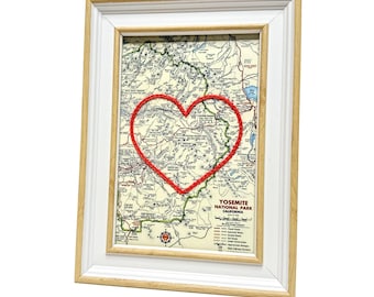 Yosemite National Park Heart Map | Custom Map Gift | Anniversary Gift for Him | Wedding Gift | Vintage Map Print with Hand-Embroidered Heart