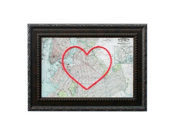 Brooklyn Heart Map | Custom Embroidery Art | Personalized Anniversary | Engagement Gift For Her | Hand Embroidered Wedding Gift