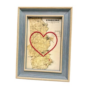 Carte du coeur d'Etobicoke | Cadeau de carte personnalisée | Anniversaire personnalisé | Cadeau de Saint-Valentin | Carte vintage d'Etobicoke, coeur brodé à la main