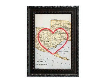 Norfolk County Heart Map | Personalized Map Embroidery Art | Anniversary Gift for Couple | Engagement Gift For Her | Custom Graduation Gift