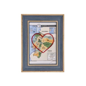 Carte du coeur de l'Équateur | Cadeau de carte personnalisée | Cadeau d'anniversaire pour lui | Cadeau de mariage encadré | Impression de carte vintage de l'Équateur avec coeur brodé à la main