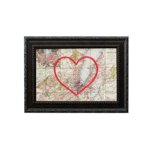 Carte du coeur de Genève | Cadeau de carte personnalisée | Cadeau d'anniversaire en Suisse | Cadeau de mariage | Impression vintage de carte de Genève avec coeur brodé à la main
