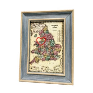 Carte du coeur de Liverpool | Cadeau de carte personnalisée | Cadeau d'anniversaire encadré | Cadeau Saint Valentin | Carte vintage de Liverpool, coeur brodé à la main