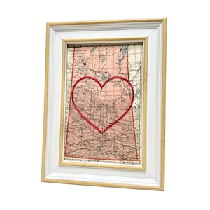 Carte du coeur de la Saskatchewan | Cadeau de carte personnalisée | Cadeau d'anniversaire | Cadeau Saint Valentin | Carte vintage de la Saskatchewan, coeur brodé à la main