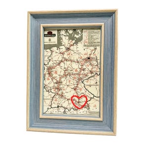 Carte coeur de Munich | Cadeau de carte personnalisée | Cadeau d'anniversaire allemand | Cadeau de mariage encadré | Impression de carte vintage de Munich avec coeur brodé à la main