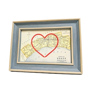 Carte cardiaque du comté d'Elgin | Cadeau personnalisé carte de Port Stanley | Cadeau d'anniversaire de la Saint-Thomas | Cadeau de mariage | Carte vintage avec coeur brodé à la main