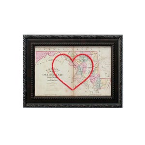 Carte du coeur du Maryland | Cadeau de carte personnalisée | Cadeau d'anniversaire personnalisé | Cadeau Saint Valentin | Carte vintage du Maryland brodée à la main