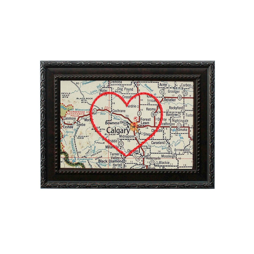 Calgary Heart Map Custom Embroidery Art Personalized Anniversary
