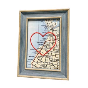 Carte du coeur de Port Elgin | Cadeau de carte personnalisée | encadrée de Southampton | Cadeau Saint Valentin | Carte vintage de Port Elgin, coeur brodé à la main