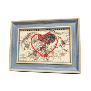 Carte du coeur de La Havane | Cadeau de carte personnalisée | Cadeau d'anniversaire personnalisé | Cadeau Saint Valentin | Carte vintage de La Havane, Cuba, coeur brodé à la main
