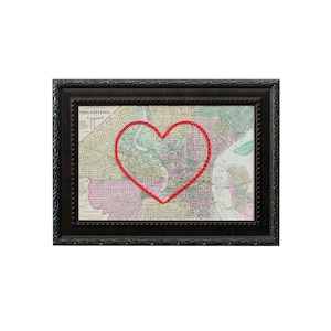 Carte du coeur de Philadelphie | Art de broderie de carte personnalisée | Cadeau d'anniversaire pour couple | Cadeau de fiançailles pour elle | Cadeau de mariage personnalisé