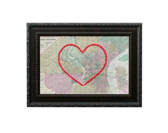 Mapa de coração da Filadélfia | Arte de bordado de mapa personalizado | Presente de aniversário para casal | Presente de noivado para ela | Presente de casamento personalizado