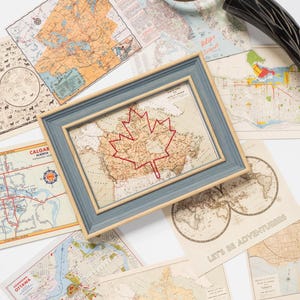 Canada Maple Leaf Map | Proud Canadian Gift | Embroidery Art | Canadian Map | Vintage Map Print of Canada with Hand-Embroidered Maple Leaf