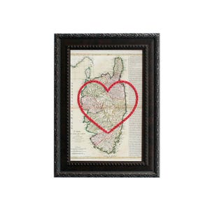 Carte coeur de la Corse | Cadeau de carte personnalisée | Cadeau d'anniversaire personnalisé | Cadeau Saint Valentin | Carte vintage de la Corse brodée à la main
