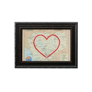 Carte du coeur du Cambodge | Art de broderie personnalisé | Anniversaire personnalisé | Cadeau de fiançailles pour elle | Cadeau de mariage brodé à la main