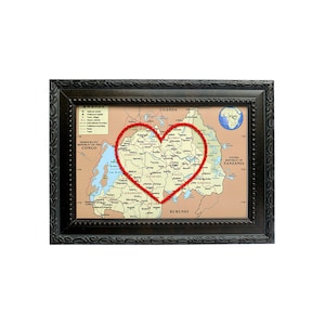 Carte du coeur du Rwanda | Art de broderie de carte personnalisée | Cadeau d'anniversaire pour couple | Cadeau de fiançailles pour elle | Cadeau de mariage personnalisé