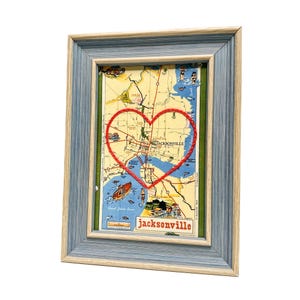 Carte du coeur de Jacksonville | Cadeau de carte personnalisée | Art d'anniversaire encadré | Cadeau Saint Valentin | Carte vintage de Jacksonville, coeur brodé à la main