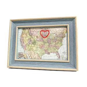 Carte du coeur du Minnesota | Cadeau de carte personnalisée | Cadeau d'anniversaire pour lui | Cadeau de mariage encadré | Carte vintage du Minnesota, coeur brodé à la main
