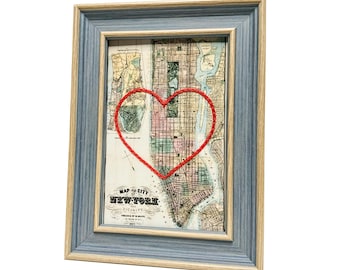 New York City Heart Map | Custom Map Gift | Manhattan Anniversary Gift | Valentines Day Gift | Vintage Map of NYC Hand-Embroidered Heart