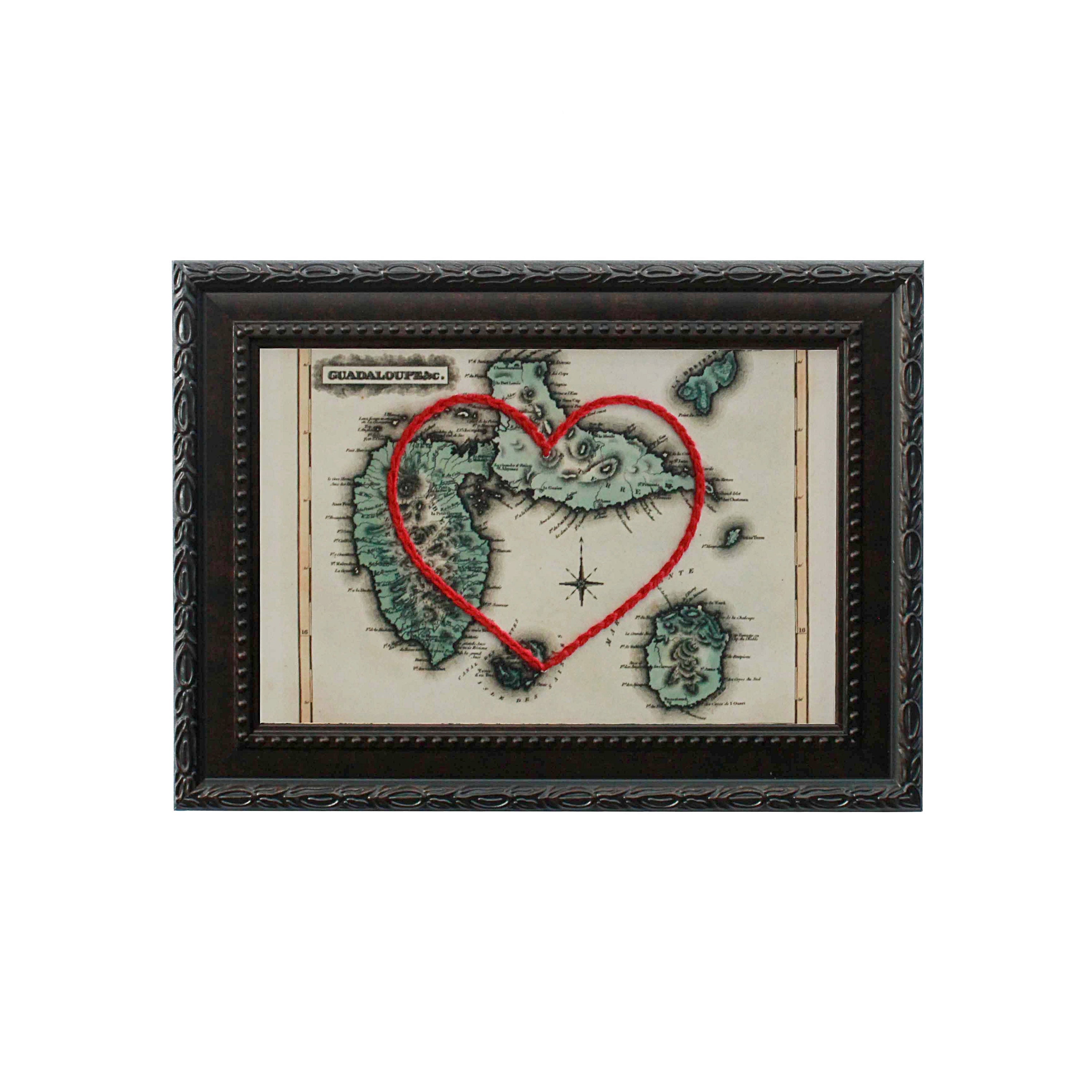 Guadaloupe Heart Map | Custom Embroidery Art | Personalized Anniversary Gift for Him | Engagement Gift For Her | Wedding Gift