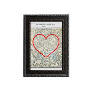 Carte du coeur du parc national de Yellowstone | Cadeau de carte personnalisée | Carte encadrée | Cadeau Saint Valentin | Carte vintage de Yellowstone, coeur brodé à la main