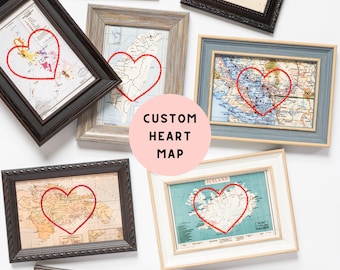 Custom Heart Map | Personalized Love Story Embroidery Art | Anniversary Gift for Couple | Engagement Gift For Her | Valentines Day Map Gift