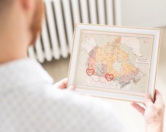 Connecting Hearts Canada Map | 8x10 Personalized Long Distance Map | Custom Engagement | Anniversary Gift for Her | Framed Map of Canada