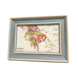 Carte du coeur d'Athènes | Cadeau de carte personnalisée | Cadeau d'anniversaire en Grèce | Cadeau de mariage encadré | Impression de carte vintage d'Athènes avec coeur brodé à la main