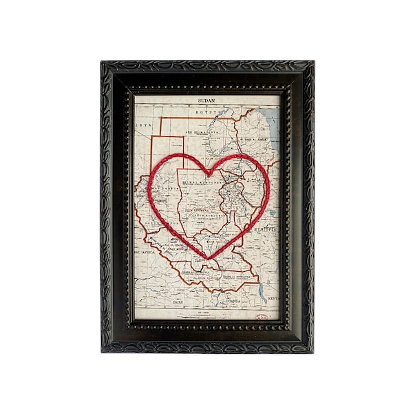 Sudan Heart Map | Personalized Map Embroidery Art | Anniversary Gift for Couple | Engagement Gift For Her | Custom Wedding Gift