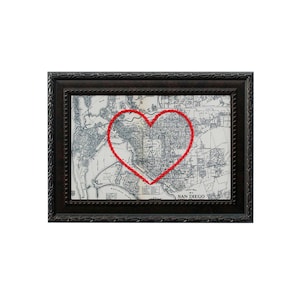 Carte du coeur de San Diego | Cadeau de carte personnalisée | Anniversaire personnalisé | Cadeau Saint Valentin | Carte vintage de San Diego, coeur brodé à la main