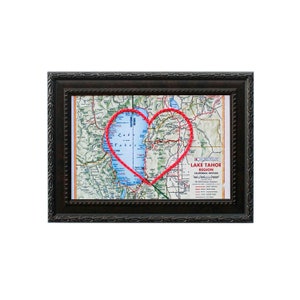 Carte coeur du lac Tahoe, oeuvre d'art murale brodée à la main, cadeau de mariage ou d'anniversaire personnalisé pour elle, cadeau de fiançailles pour voyageurs