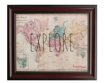 Explore World Map | Vintage World Map Print | Embroidery Gift for Traveller | Travel Wall Art | Explore Sign for Her | Living Room Decor