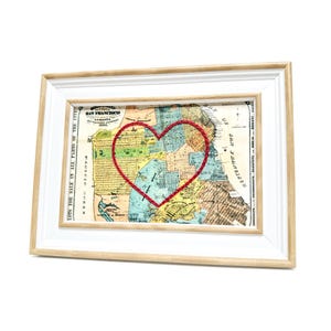 Carte du coeur de San Francisco | Cadeau de carte personnalisée | Cadeau d'anniversaire | Cadeau Saint Valentin | Carte vintage de San Francisco, coeur brodé à la main