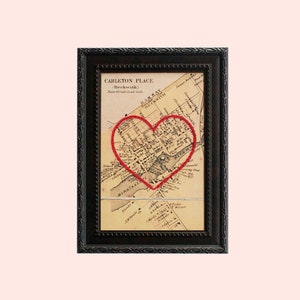 Carte coeur de Carleton Place, oeuvre d'art murale encadrée, cadeau d'anniversaire personnalisé, cadeau de fiançailles personnalisé pour elle, cadeau de Saint-Valentin pour lui