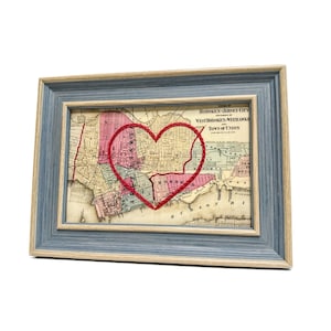 Carte du coeur d'Hoboken et de Jersey City | Cadeau de carte personnalisée | Cadeau d'anniversaire pour lui | Cadeau de mariage | Impression de carte vintage avec coeur brodé à la main