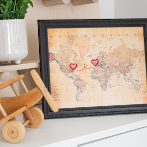 Connecting Hearts World Map | Personalized Long Distance Map Art | Custom Engagement Gift | Anniversary Gift for Her | Valentines Day Gift