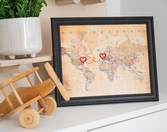 Connecting Hearts World Map | Personalized Long Distance Map Art | Custom Engagement Gift | Anniversary Gift for Her | Valentines Day Gift