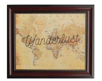 Wanderlust World Map | Vintage World Map Print | Embroidery Gift for Traveller | Travel Wall Art | Wanderlust Sign | Living Room Decor