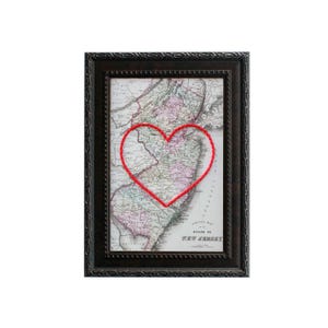 Carte du coeur du New Jersey | Cadeau de carte personnalisée | Cadeau d'anniversaire personnalisé | Cadeau Saint Valentin | Carte vintage du New Jersey, coeur brodé à la main