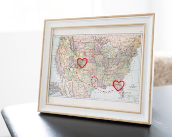 Connecting Hearts USA Map | Personalized Long Distance Map Art 8x10 | Custom Engagement Gift | Anniversary Gift for Her | Wedding Gift