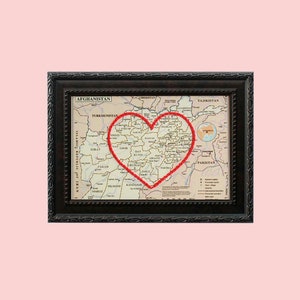 Carte coeur de l'Afghanistan, art mural encadré, cadeau d'anniversaire personnalisé, cadeau de fiançailles personnalisé pour elle, cadeau de Saint-Valentin pour lui
