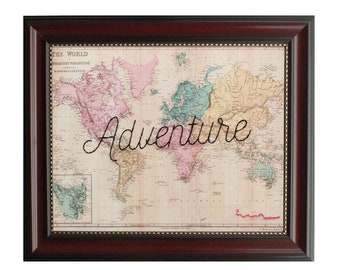 Adventure World Map | Vintage World Map Print | Embroidery Gift for Traveller | Travel Wall Art | Adventure Sign | Living Room Decor