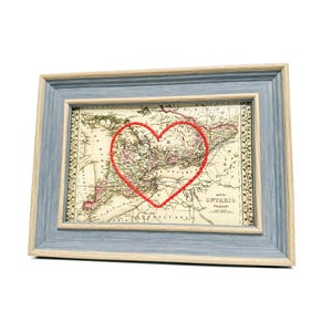 Carte cardiaque de l'Ontario | Cadeau de carte personnalisée | Cadeau d'anniversaire pour lui | Cadeau de mariage encadré | Impression de carte vintage de l'Ontario avec coeur brodé à la main