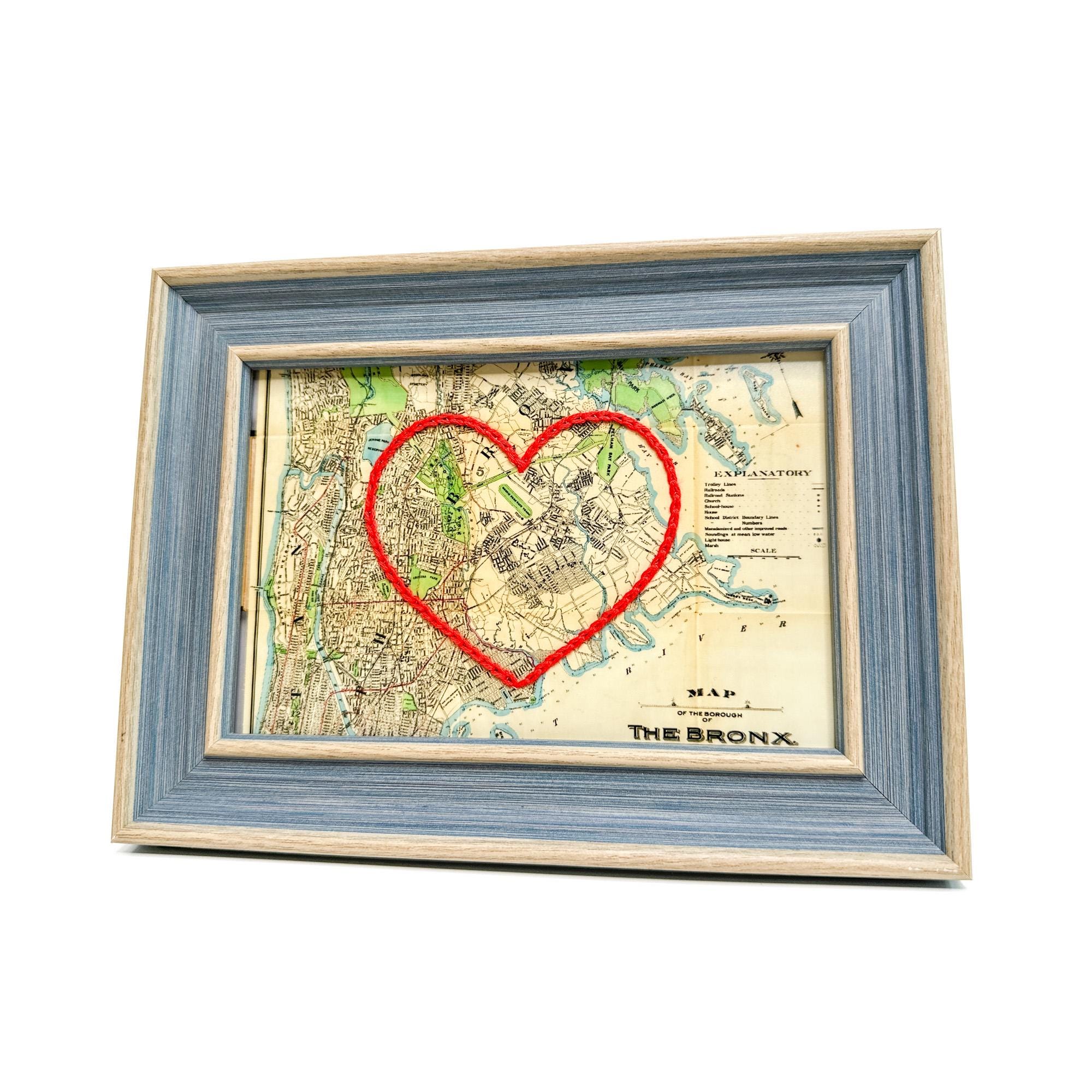 Bronx Heart Map | Custom Map Gift | Personalized Anniversary Gift | Valentines Day Gift | Framed Vintage Map of Bronx Hand-Embroidered Heart