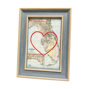 Carte du coeur de la Floride | Cadeau de carte personnalisée | Cadeau d'anniversaire personnalisé | Cadeau Saint Valentin | Carte vintage de la Floride, coeur brodé à la main