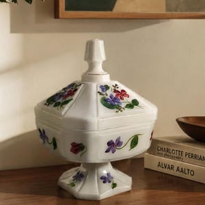 Exquisite Early WESTMORELAND Milk Glass Pedestal Candy Dish Hand-painted 1940s. Heavy Milk Glass topped with knob-lid  Adorned florals