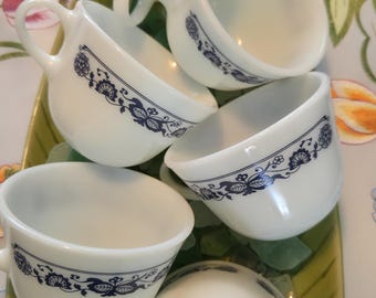 Vintage Pyrex Hot Beverage, (Set of 6) Pyrex Old Town Blue Onion Pattern Milk Glass TEA Cups Coffee Mugs Teacups - Corning, NY