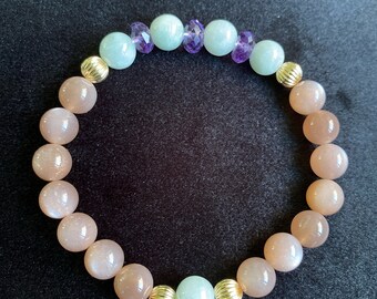 Green Jade, Amethyst, Chocolate Moonstone 14kgf Bracelet