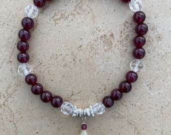 Garnet Bracelet with Crystal Quartz and Ethiopian Opal Dangle